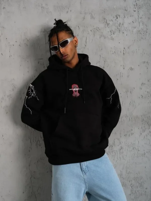 Машки црн Oversize 3-нишки памучен дукс со качулка, печатење и џеб 5