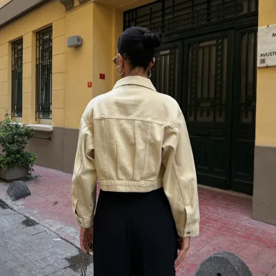 Çift Cep Denim Crop Ceket Bej 5