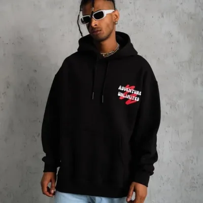 Sweatshirtê Mêran ê Reş, Oversize, 3 Têl, Pembû, Bi Kevan, Bi Çapkirin 2
