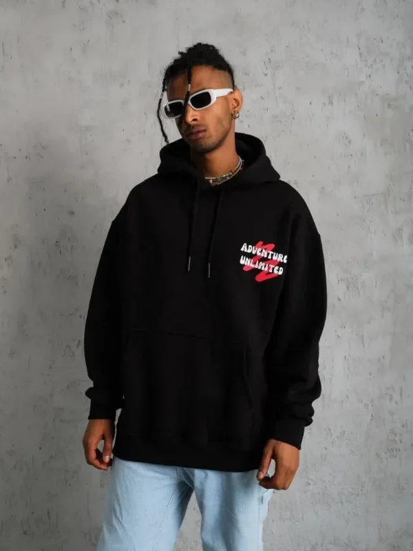 Sweatshirtê Mêran ê Reş, Oversize, 3 Têl, Pembû, Bi Kevan, Bi Çapkirin 2