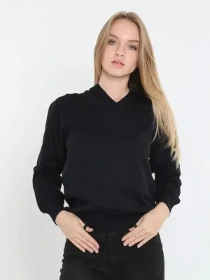 Women's Black V-Neck Long Sleeve Plain Woven Knit Sweater