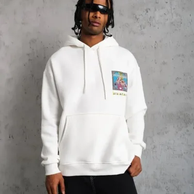 Men's White Oversize 3-Thread Cotton Hooded Printed Sweatshirt 2