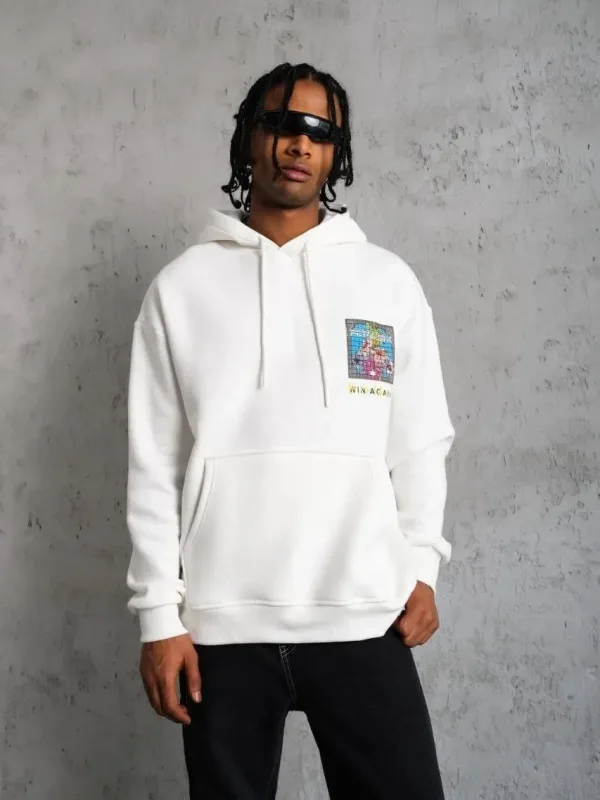 Men's White Oversize 3-Thread Cotton Hooded Printed Sweatshirt 2
