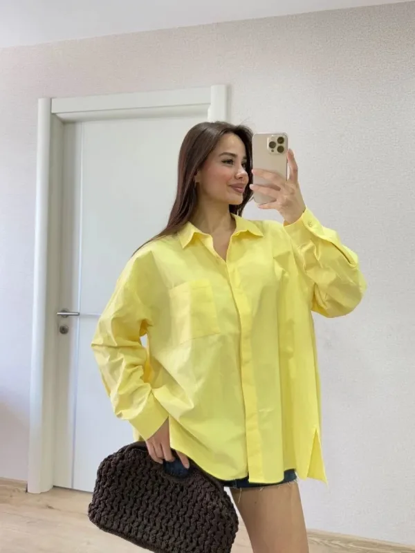 Qadın Sarı Poplin Yandan Yırtmaçlı Arxa Pens Detallı Köynək 2
