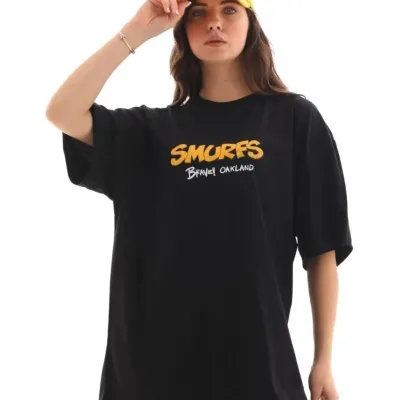 Női Fekete Oversize Kerékpárnyakú Nyomott Póló 6