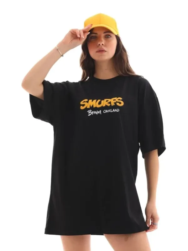 Női Fekete Oversize Kerékpárnyakú Nyomott Póló 6