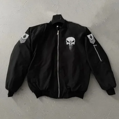 Férfi Fekete Katonai Stílusú Punisher Koponya Nyomott Bomber Kabát 2