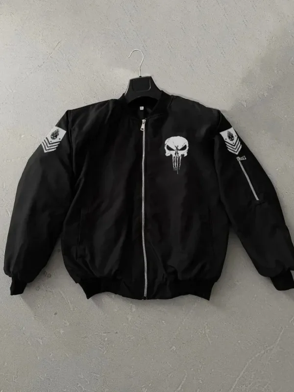 Férfi Fekete Katonai Stílusú Punisher Koponya Nyomott Bomber Kabát 2