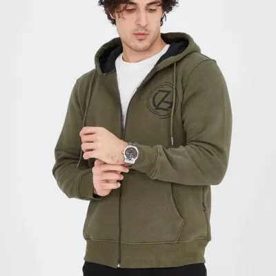 Men's Green 3-Thread Cotton Zippered Hooded Printed Hoodie 7