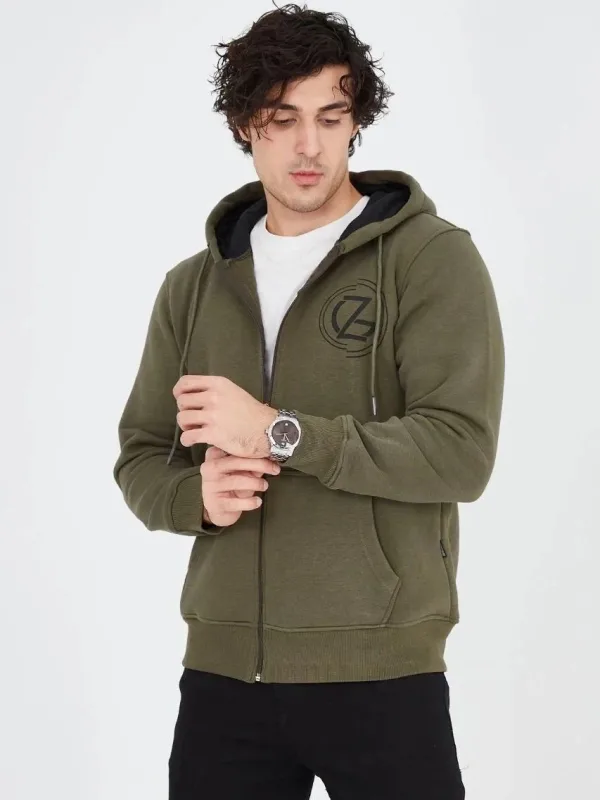 Men's Green 3-Thread Cotton Zippered Hooded Printed Hoodie 7