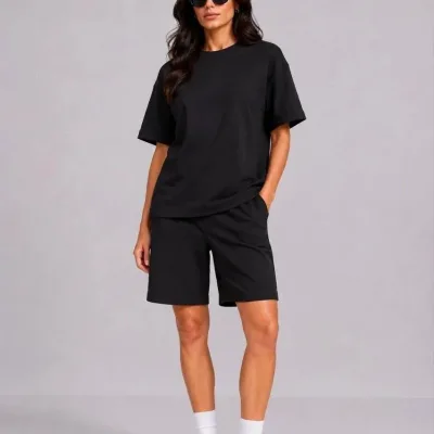 Женски црн oversize мек модален комплет со шорцеви со џебови 3