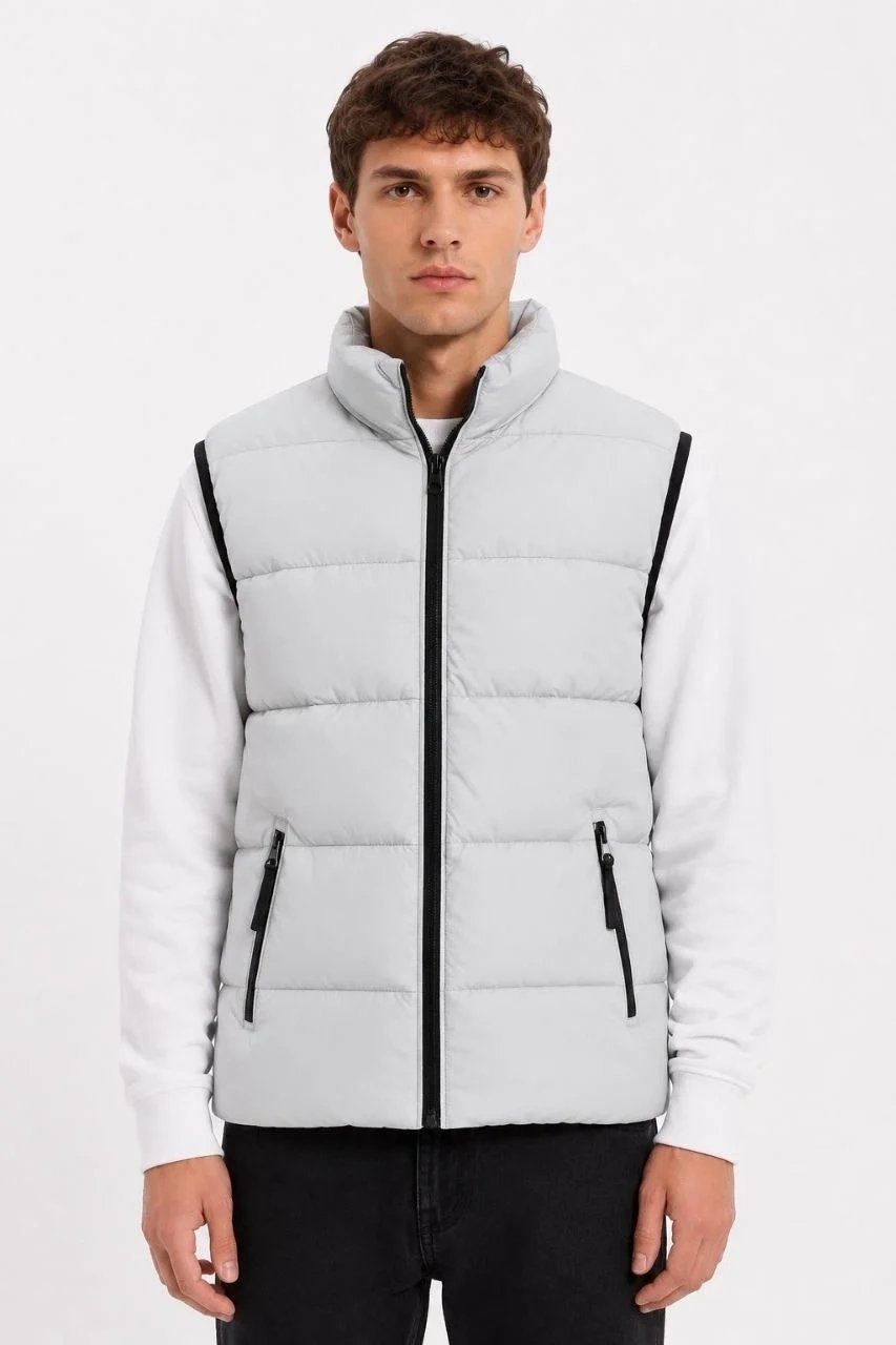 Men's Gray Zippered Fiber Filled Lined Puffer Vest 5
