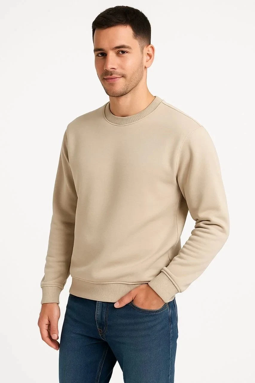 Muška bež 3 niti pamučna običan biciklistički ovratnik sweatshirt