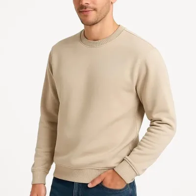 Muška bež 3 niti pamučna običan biciklistički ovratnik sweatshirt 1