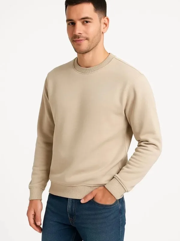 Muška bež 3 niti pamučna običan biciklistički ovratnik sweatshirt 1