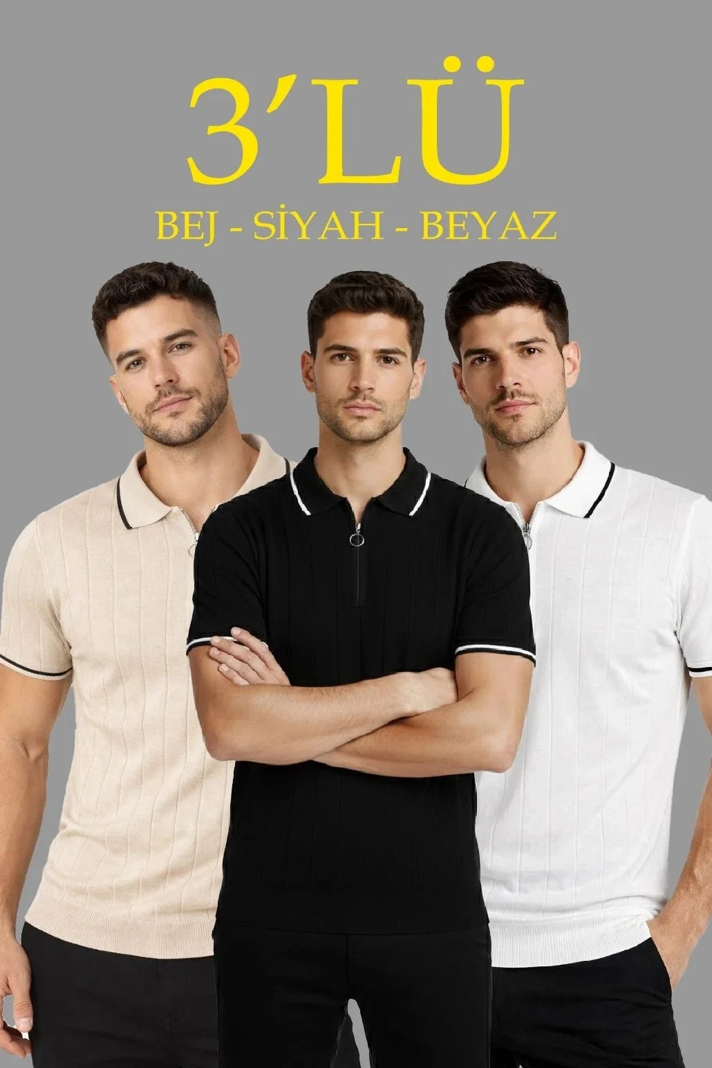 Muški bež-bijelo-crni set od 3 s patentnim zatvaračem polo ovratnik triko majica