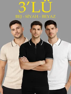 Pánsky béžovo-bielo-čierny 3-dielny set so zipsom polo golier tričko